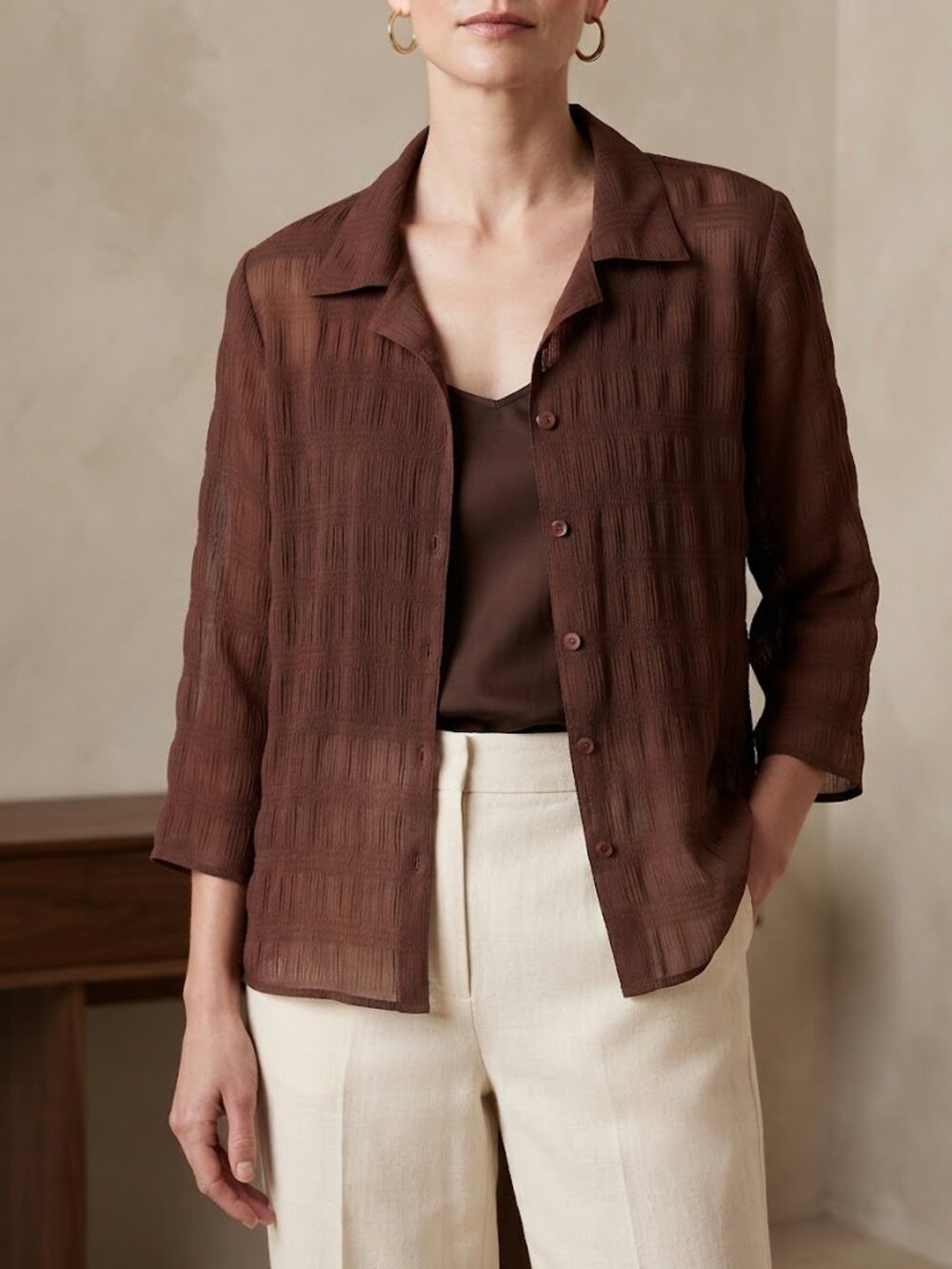 Chocolate Brown Textured Button-Down Blouse